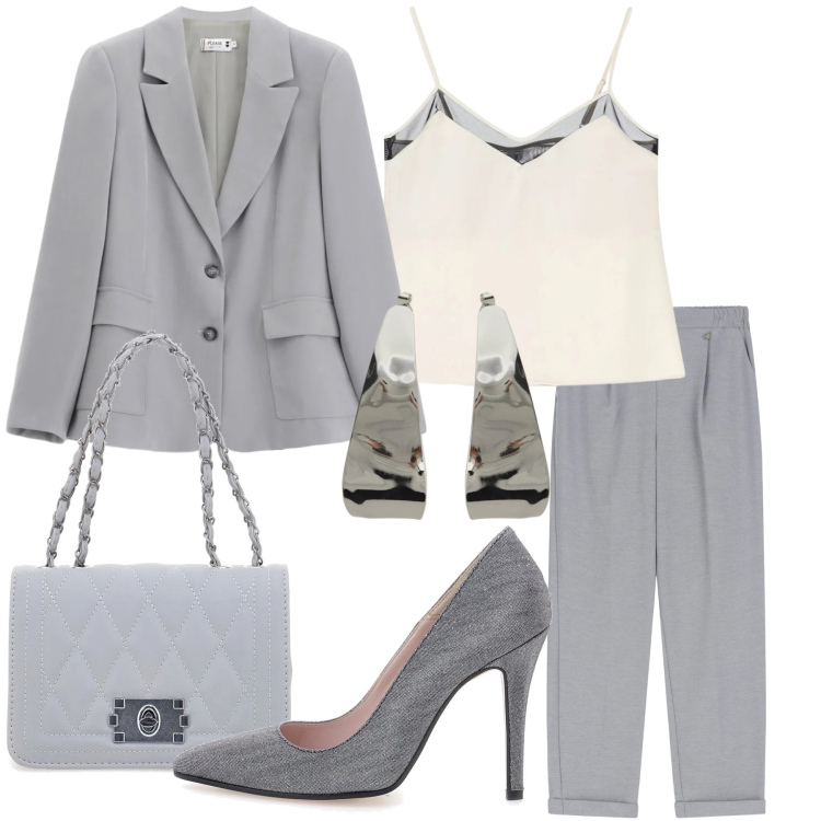 Outfit donna - Cerimonia in grigio. Stile Chic per Cerimonia. Abbinamento con top, pantaloni, orecchini, blazer, borse a tracolla, décolleté.