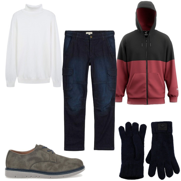 Outfit uomo - Total look #2354172. Stile Casual per Tutti i giorni. Abbinamento con jeans dritti, maglieria, guanti, scarpe stringate, felpe con cappuccio.
