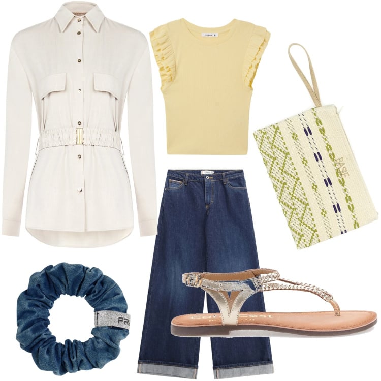 Outfit donna - Tendenza jeans. Stile Minimal per Tutti i giorni. Abbinamento con t-shirt, accessori per capelli, jeans, blazer, sandali, pochette.