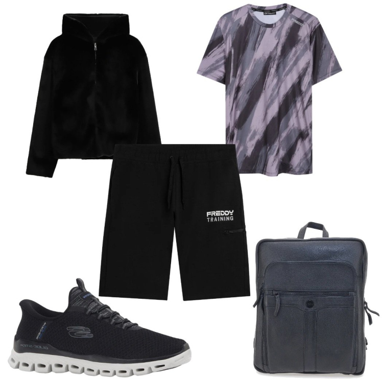 Outfit uomo - Total look #2354175. Stile Trendy per Sport. Abbinamento con sneakers, bomber, t-shirt, bermuda, borse sportive.