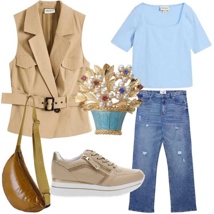 Outfit donna - L\'accessorio originale. Stile Urban per Tutti i giorni. Abbinamento con gilet, t-shirt, jeans strappati, blazer, borse sportive, sneakers.