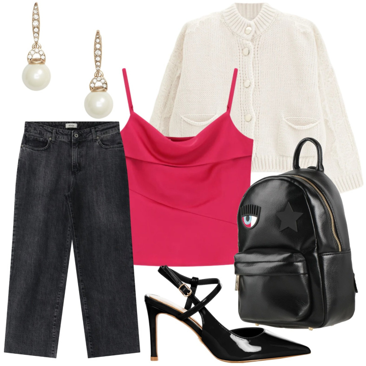 Outfit donna - Vernice e jeans. Stile Minimal per Tutti i giorni. Abbinamento con zaini, canottiere, jeans dritti, cardigans, décolleté, orecchini.