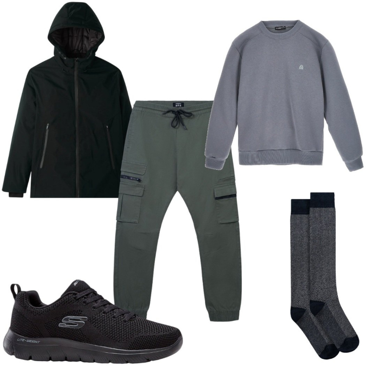 Outfit uomo - Total look #2354185. Stile Casual per Tutti i giorni. Abbinamento con sneakers, giacche, pantaloni cargo, calzini, felpe.