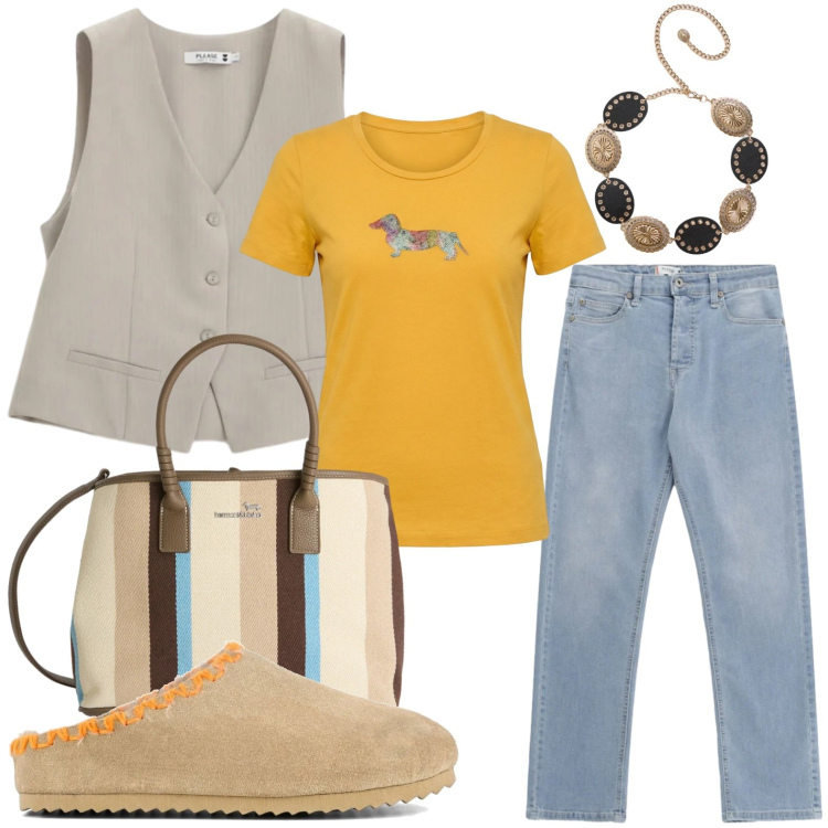 Outfit donna - Linee pulite. Stile Basic per Tutti i giorni. Abbinamento con t-shirt, shopping bag, cinture, jeans, gilet, sabot.