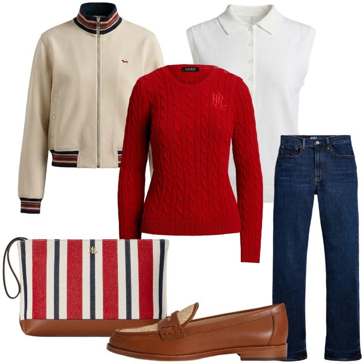 Outfit donna - Bantoa SS26. Stile Preppy per Tutti i giorni. Abbinamento con felpe, polo, jeans dritti, pochette, mocassini, maglieria.