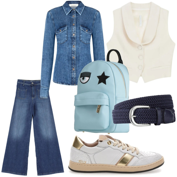 Outfit donna - Marzo in denim. Stile Glamour per Tutti i giorni. Abbinamento con zaini, cinture, gilet, jeans, camicie, sneakers.
