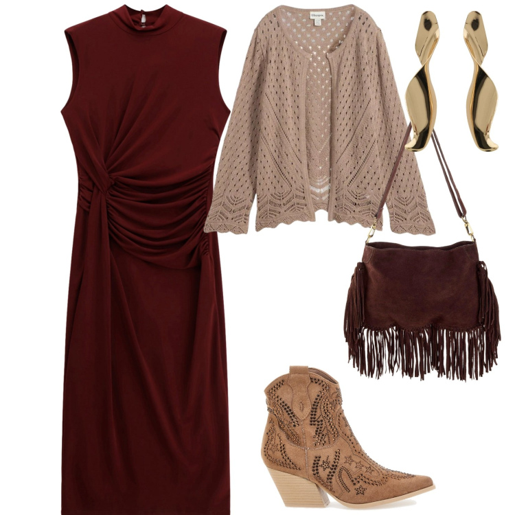 Outfit donna - Primavera in città. per Tutti i giorni. Abbinamento con borse a tracolla, cardigans, vestiti midi/longuette, orecchini, stivaletti texani.