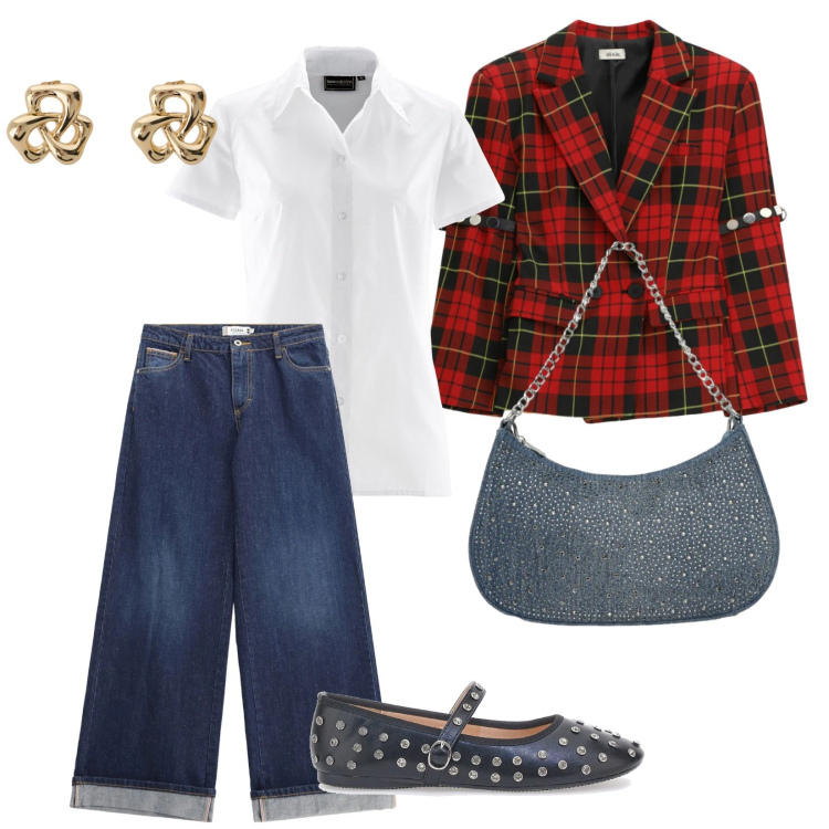 Outfit donna - La giacca scozzese primavera. per Scuola/Università. Abbinamento con camicie a manica corta, borse a tracolla, orecchini, blazer, jeans, ballerine.