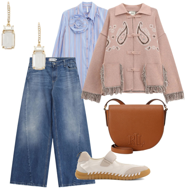 Outfit donna - Urban. per Tutti i giorni. Abbinamento con camicie, cardigans, jeans, borse a tracolla, orecchini, ballerine.