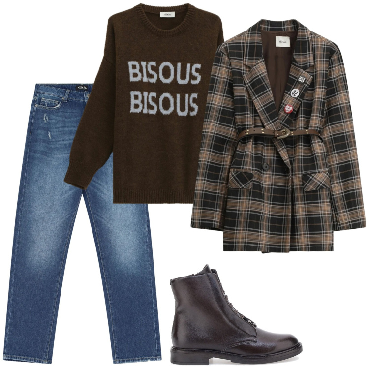 Outfit donna - Bisou. Stile Casual per Tutti i giorni. Abbinamento con blazer, jeans dritti, maglieria, anfibi.