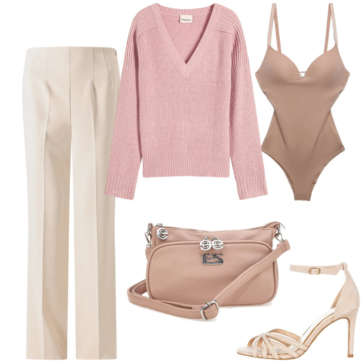 Outfit donna - Al lavoro in libertà. Stile Casual chic per Ufficio. Abbinamento con maglieria, body, sandali col tacco, pantaloni a palazzo, borse a tracolla.