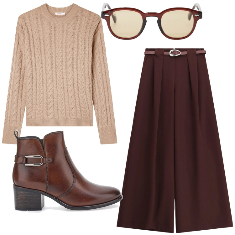 Outfit donna - Total look #2354201. Stile Basic per Ufficio. Abbinamento con maglieria, occhiali da sole, pantaloni a palazzo, stivaletti.