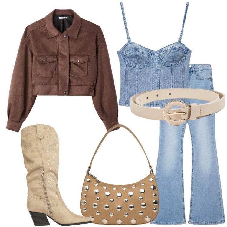 Outfit donna - Terranova - Desert Code. Stile Trendy per Serata fuori. Abbinamento con bomber, top, jeans a zampa, stivali, borse a tracolla, cinture.