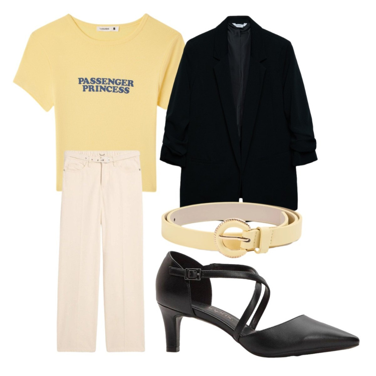 Outfit donna - Marzo tessuti fluidi. Stile Casual chic per Serata fuori. Abbinamento con décolleté, jeans dritti, blazer, cinture, t-shirt.