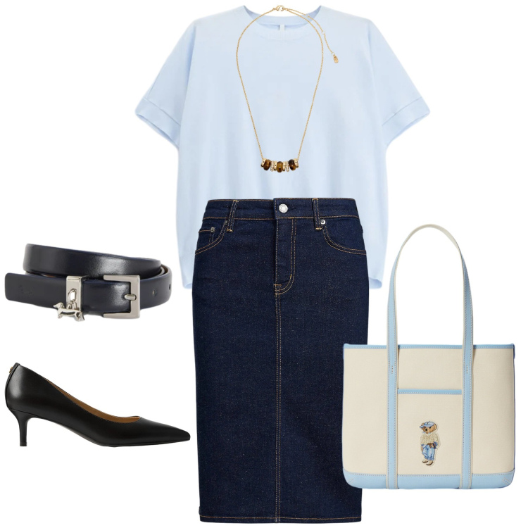 Outfit donna - Total look #2354209. Stile Minimal per Ufficio. Abbinamento con cinture, t-shirt, gonne, collane, décolleté, borse tote.