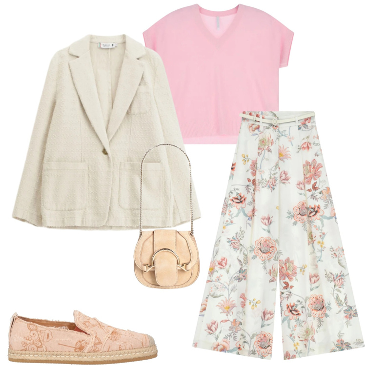 Outfit donna - Colori pastello. Stile Casual chic per Tutti i giorni. Abbinamento con marsupi, espadrillas, t-shirt, pantaloni a palazzo, blazer.