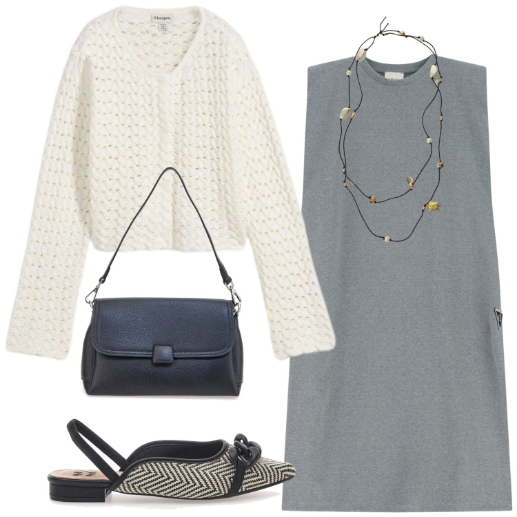 Outfit donna - Total look #2354213. Stile Romantica per Ufficio. Abbinamento con cardigans, collane, vestiti midi/longuette, ballerine, borse a spalla.