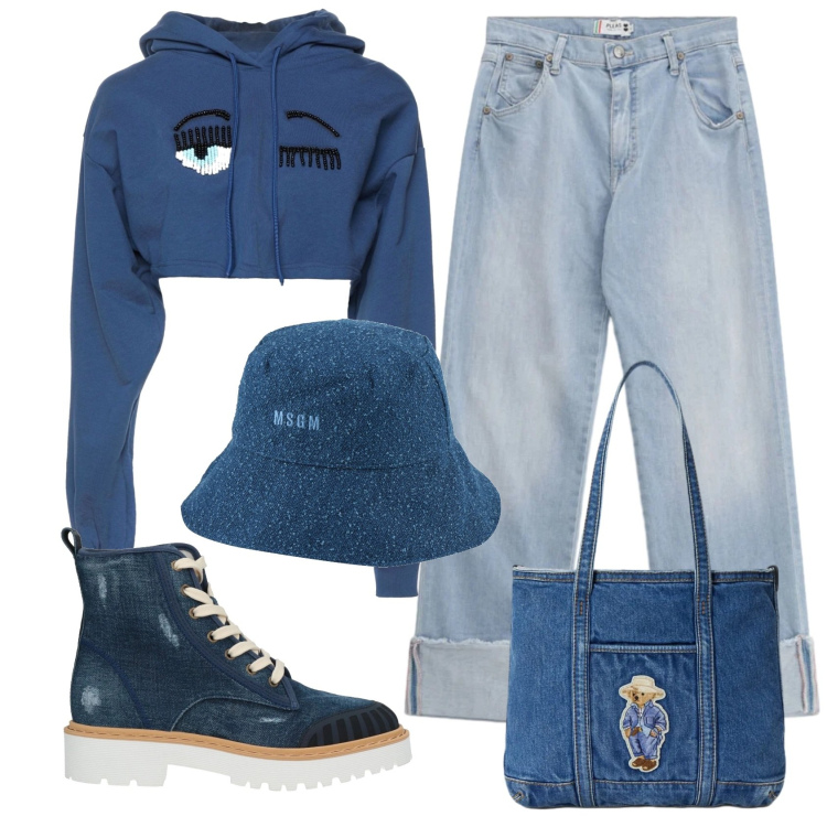 Outfit donna - Total look #2354215. Stile Trendy per Scuola/Università. Abbinamento con stivaletti, cappelli, felpe con cappuccio, jeans dritti, borse tote.