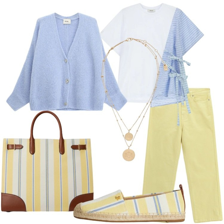 Outfit donna - Spring is coming!. Stile Basic per Tutti i giorni. Abbinamento con cardigans, t-shirt, jeans dritti, borse tote, ciondoli, espadrillas.