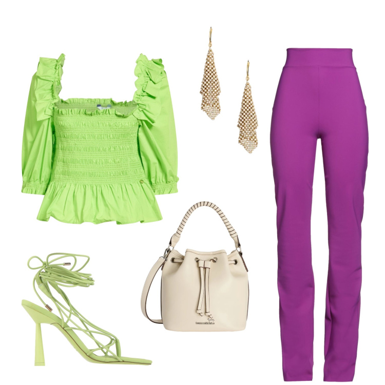 Outfit donna - Contrasti Neon e Glamour Estivo. Stile Glamour per Tutti i giorni. Abbinamento con ciabatte, leggings, top, borse a secchiello, orecchini.