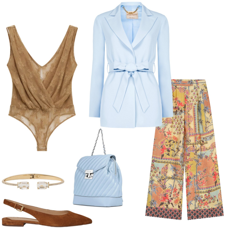 Outfit donna - L\'Incanto del Mix & Match. Stile Boho per Tutti i giorni. Abbinamento con zaini, top, pantaloni a palazzo, blazer, braccialetti, ballerine.