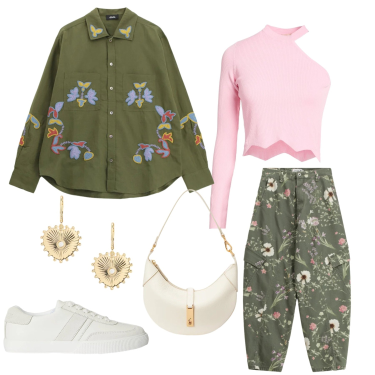 Outfit donna - Botanical Edge. Stile Glamour per Tutti i giorni. Abbinamento con top, blazer, pantaloni cargo, orecchini, sneakers, borse a spalla.