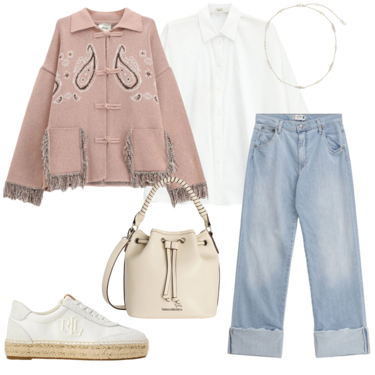 Outfit donna - Soft Paisley. Stile Urban per Tutti i giorni. Abbinamento con borse a secchiello, camicie, cardigans, jeans dritti, sneakers, collane.