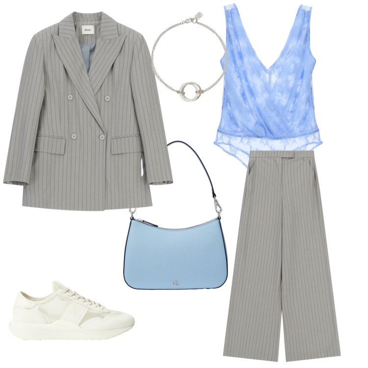 Outfit donna - Azure Sky Tailoring. Stile Glamour per Tutti i giorni. Abbinamento con top, pantaloni a palazzo, blazer, borse a spalla, braccialetti, sneakers.
