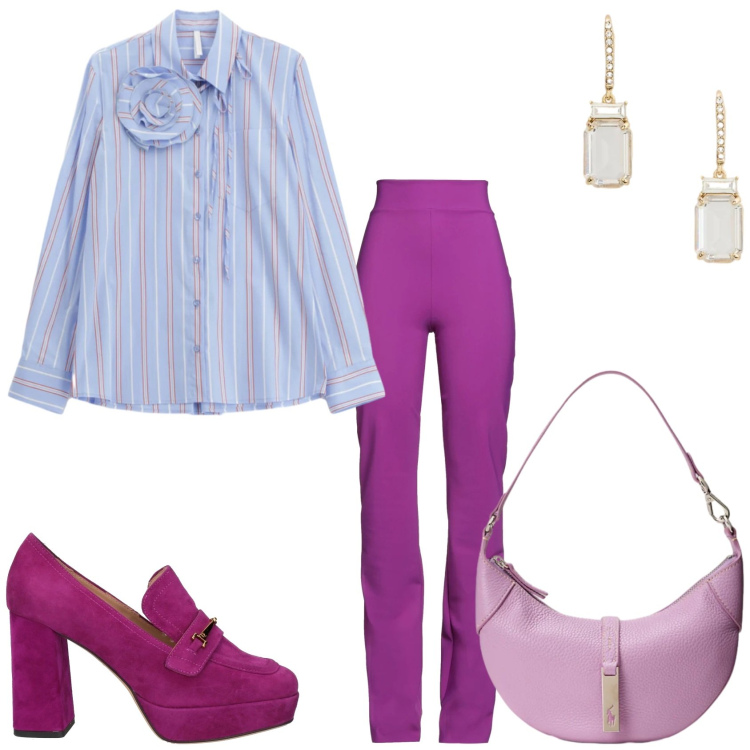 Outfit donna - La bella stagione. Stile Casual chic per Tutti i giorni. Abbinamento con leggings, mocassini, camicie, borse a spalla, orecchini.