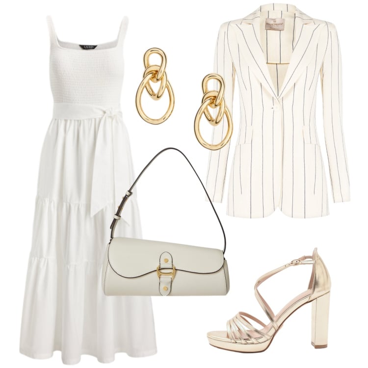 Outfit donna - Total look #2354241. Stile Chic per Serata fuori. Abbinamento con sandali col tacco, blazer, borse a spalla, orecchini, vestiti.