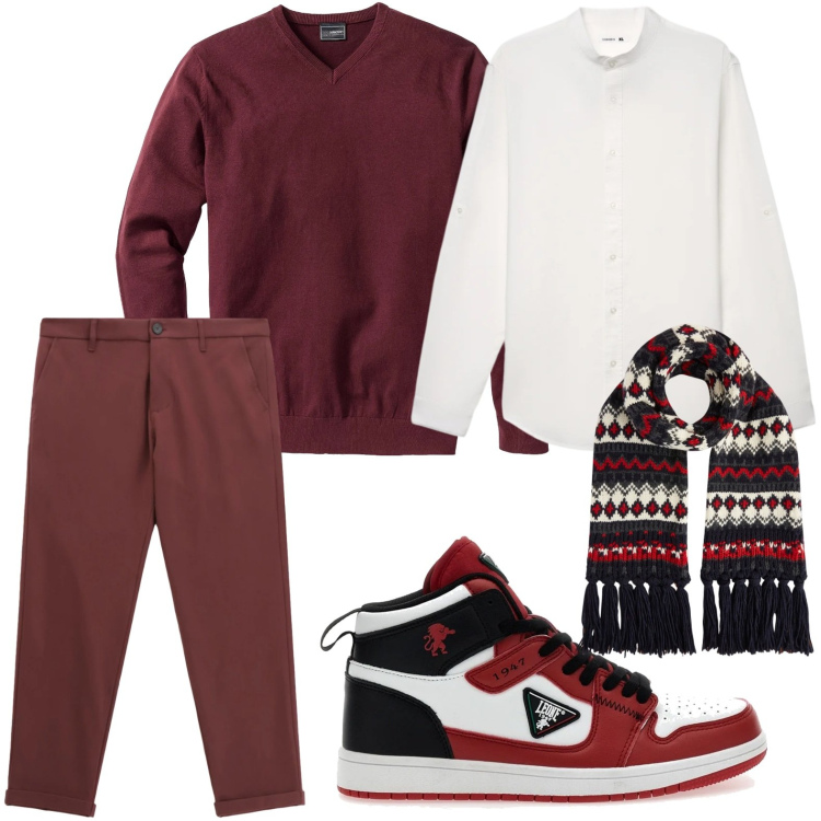 Outfit uomo - Un tocco di rosso. Stile Trendy per Tutti i giorni. Abbinamento con maglieria, pantaloni, camicie, sciarpe, sneakers.