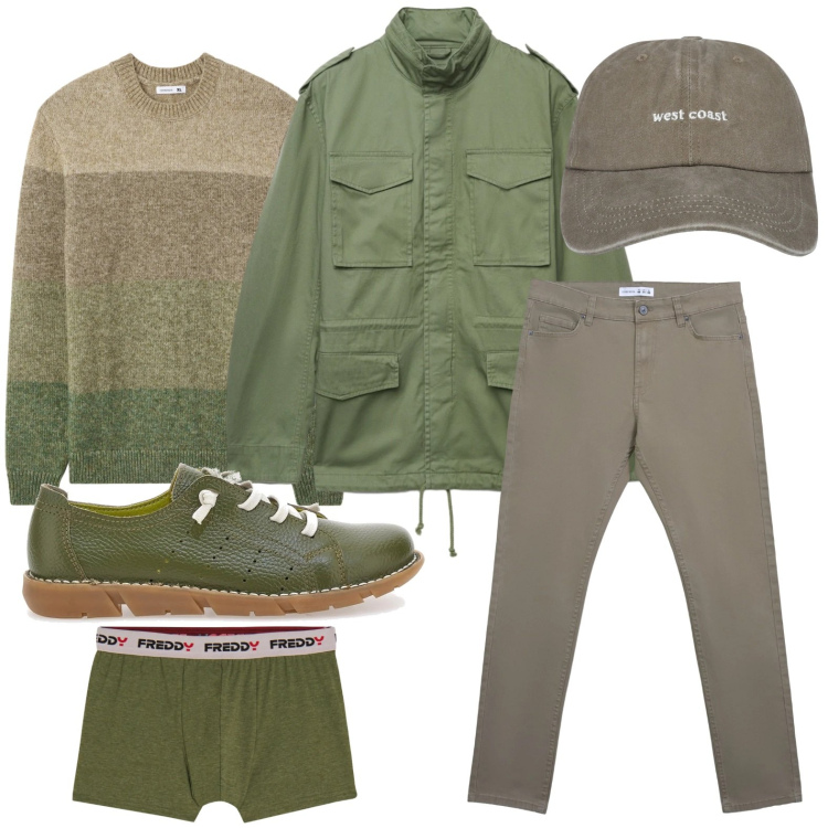 Outfit uomo - Tempo libero. Stile Trendy per Tutti i giorni. Abbinamento con cappelli con visiera, pantaloni skinny, cappotti, maglieria, boxer, sneakers.