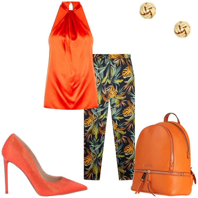 Outfit donna - Seratina estiva. Stile Trendy per Serata fuori. Abbinamento con zaini, décolleté, top, orecchini, pantaloni.