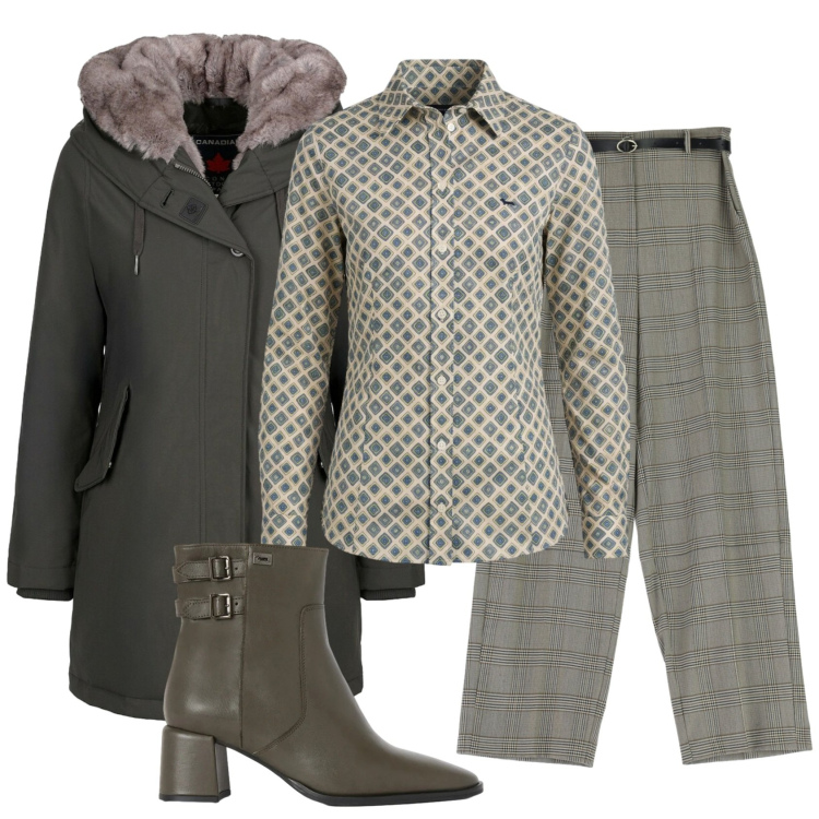 Outfit donna - Total look #2354266. Stile Bon Ton per Ufficio. Abbinamento con stivaletti, camicie, pantaloni a palazzo, parka.