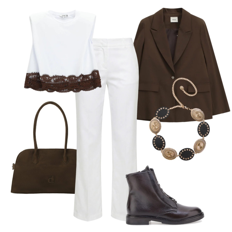Outfit donna - Il bianco ottico illumina. Stile Casual chic per Tutti i giorni. Abbinamento con pantaloni, cinture, cappotti, blazer, top, anfibi.