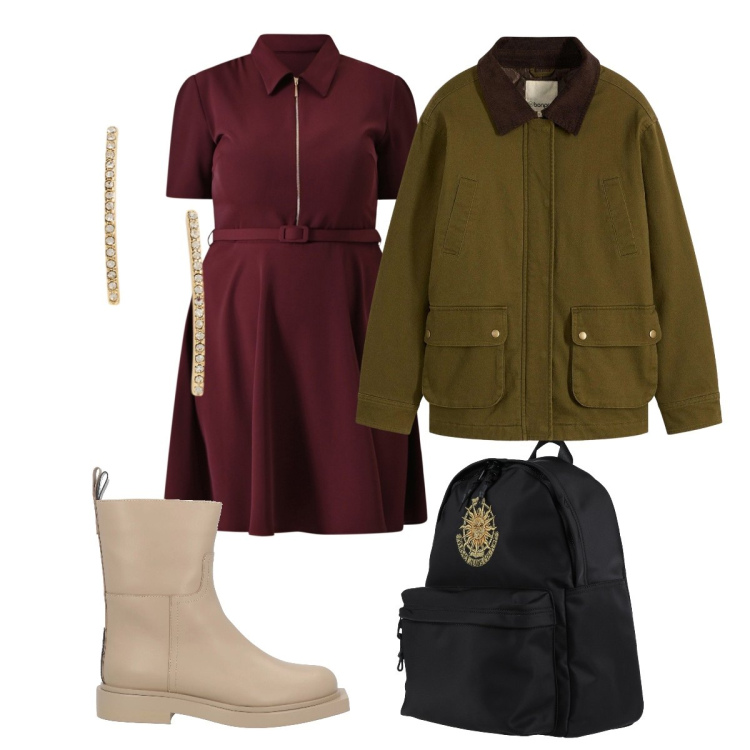 Outfit donna - Marzo luminoso. Stile Casual per Scuola/Università. Abbinamento con zaini, stivaletti, parka, vestiti corti, orecchini.