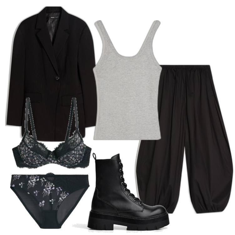 Outfit mujer - Militar #28. Estilo Militar para Todos los días. Combinación con pantalones, camiseta, sujetadores, blazers, botines, braga culotte.