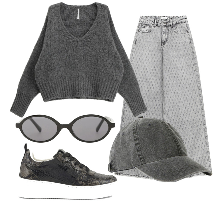 Outfit donna - Total look #2354271. Stile Trendy per Tutti i giorni. Abbinamento con cappelli con visiera, occhiali da sole, maglieria, jeans, sneakers.