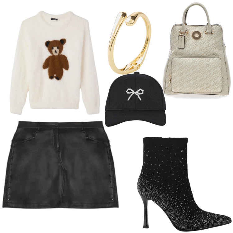 Outfit donna - Stasera tutto è possibile!. Stile Casual chic per Serata fuori. Abbinamento con braccialetti, cappelli con visiera, pullovers, stivaletti, minigonne, zaini.