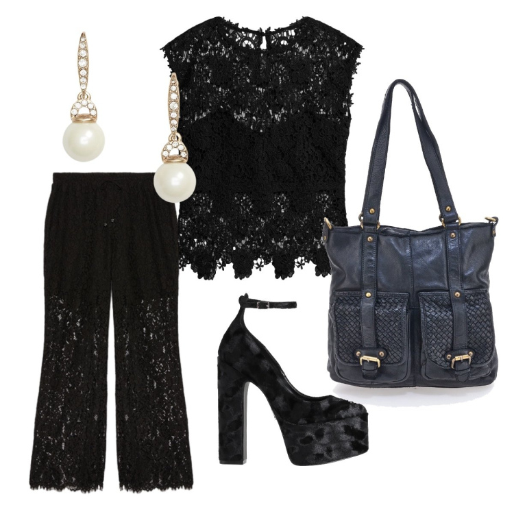 Outfit donna - Marzo pizzo. Stile Chic per Serata fuori. Abbinamento con décolleté, top, pantaloni, orecchini, borse a spalla.