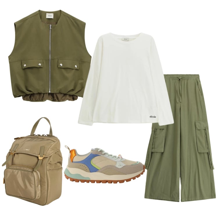 Outfit donna - Praticità in città. Stile Sporty chic per Tutti i giorni. Abbinamento con zaini, gilet, pantaloni cargo, sneakers, t-shirt.