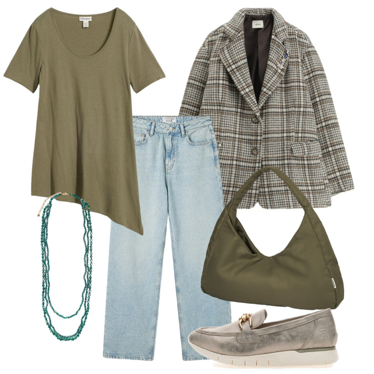 Outfit donna - Mocassini. Stile Casual chic per Tutti i giorni. Abbinamento con t-shirt, jeans, collane, blazer, borse a spalla, mocassini.