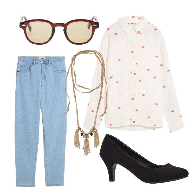 Outfit donna - Camicia che da sicurezza. Stile Casual chic per Tutti i giorni. Abbinamento con camicie, décolleté, jeans mom, occhiali da sole, collane.