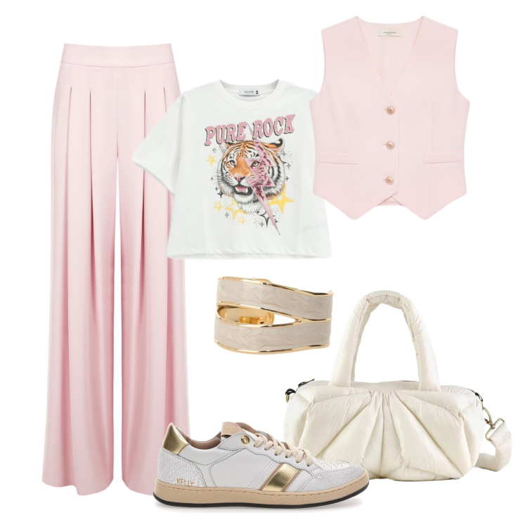 Outfit donna - Comodamente stilosa. Stile Casual chic per Tutti i giorni. Abbinamento con anelli, t-shirt, pantaloni a palazzo, gilet, borse a mano, sneakers.