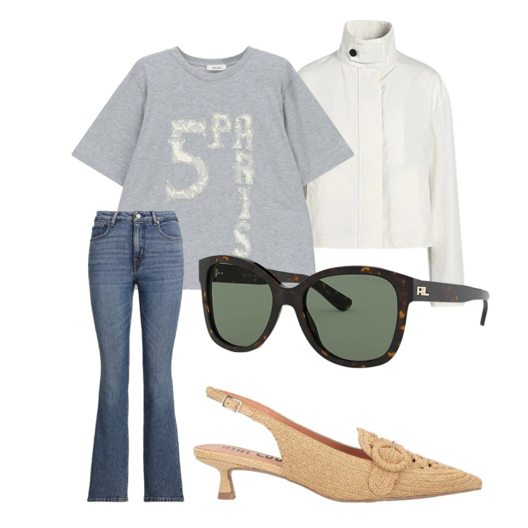 Outfit donna - Primavera che valorizza-Donna Curvy. Stile Trendy per Tutti i giorni. Abbinamento con décolleté, t-shirt, bomber, occhiali da sole, jeans bootcut.