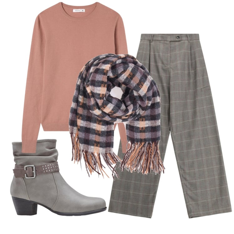 Outfit donna - Total look #2354289. Stile Basic per Ufficio. Abbinamento con stivaletti, maglieria, pantaloni a palazzo, sciarpe.