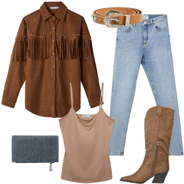 Outfit donna - Desert code. Stile Urban per Tutti i giorni. Abbinamento con camicie, cinture, stivali, portafogli, canottiere, jeans skinny.