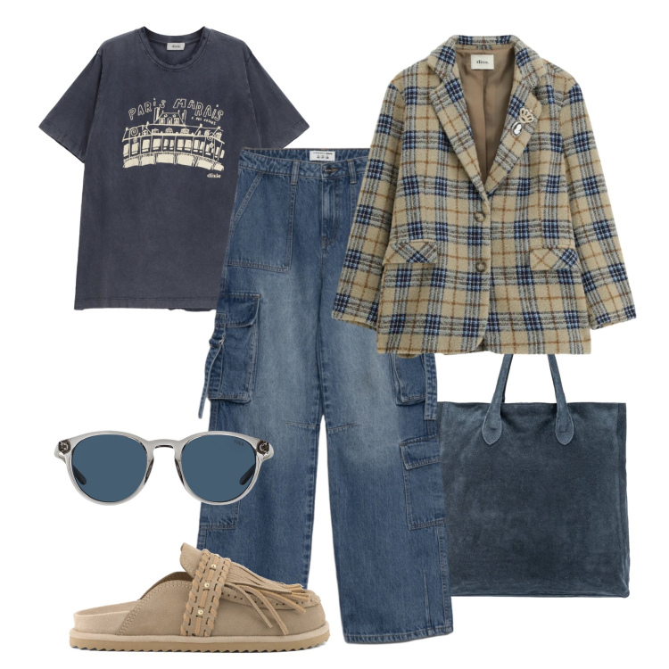 Outfit donna - Urbana in trend. Stile Urban per Tutti i giorni. Abbinamento con jeans, blazer, t-shirt, occhiali da sole, sabot, borse a mano.