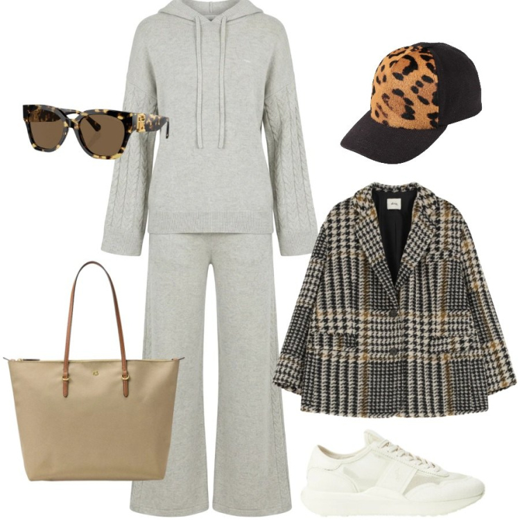 Outfit donna - Sporty chic. Stile Sporty chic per Tutti i giorni. Abbinamento con cappelli con visiera, tute, blazer, occhiali da sole, sneakers, borse tote.