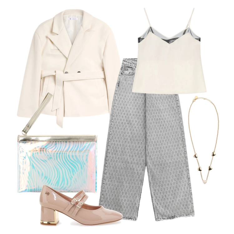 Outfit donna - Marzo. Stile Glamour per Tutti i giorni. Abbinamento con blazer, pochette, top, collane, jeans, décolleté.